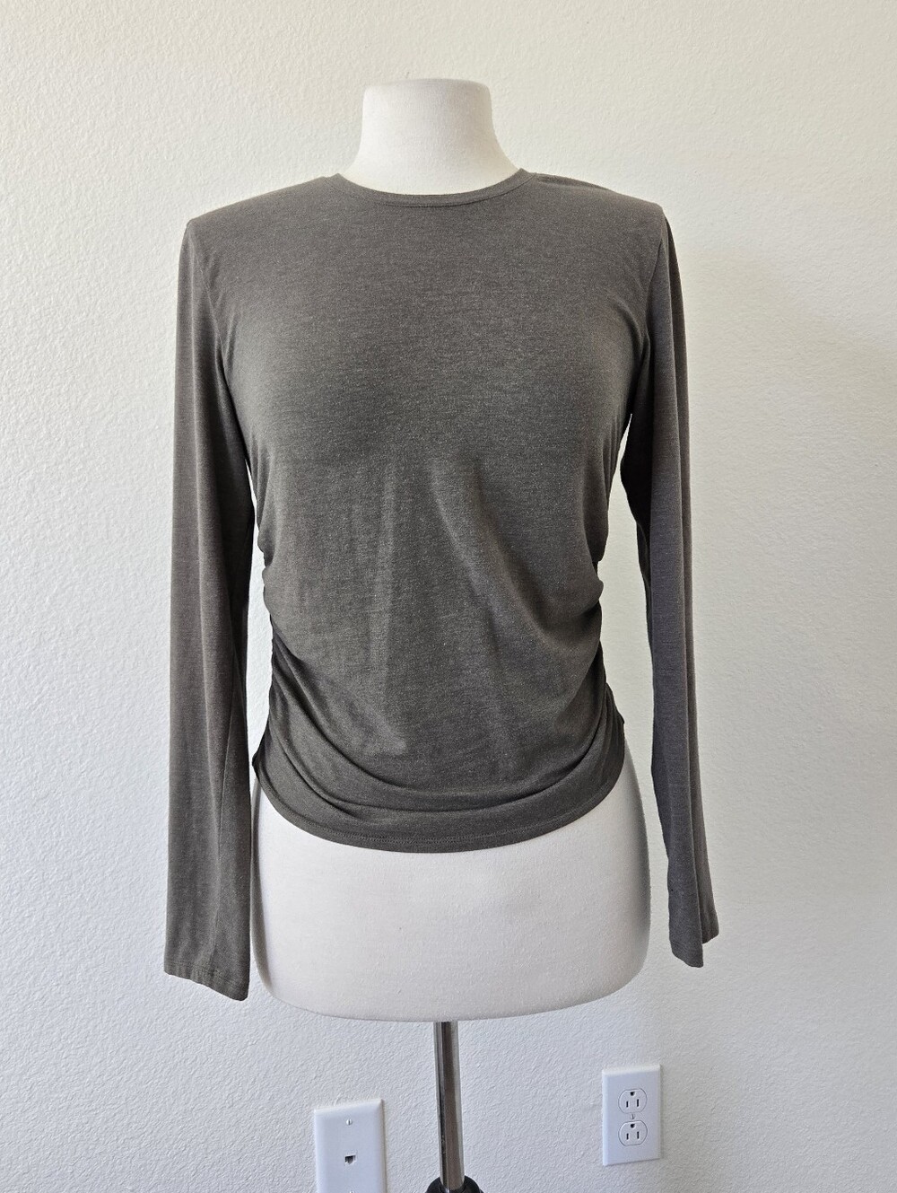 James Perse Womens 3 Large Jersey Ruched Side Long Sleeve Top Fitted Olive Green